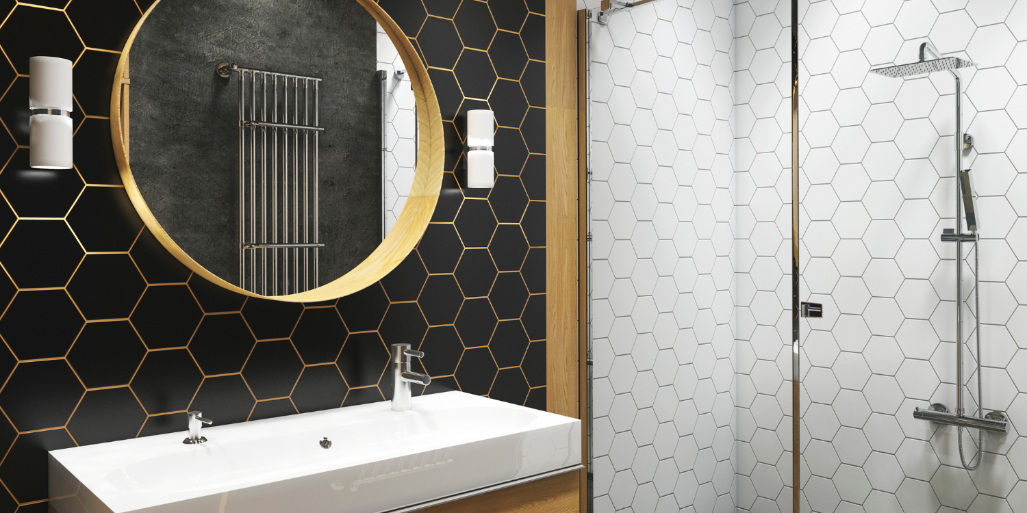 Bathroom with bold tiles and colours - Spring For These 5 Bathroom Renovation Ideas