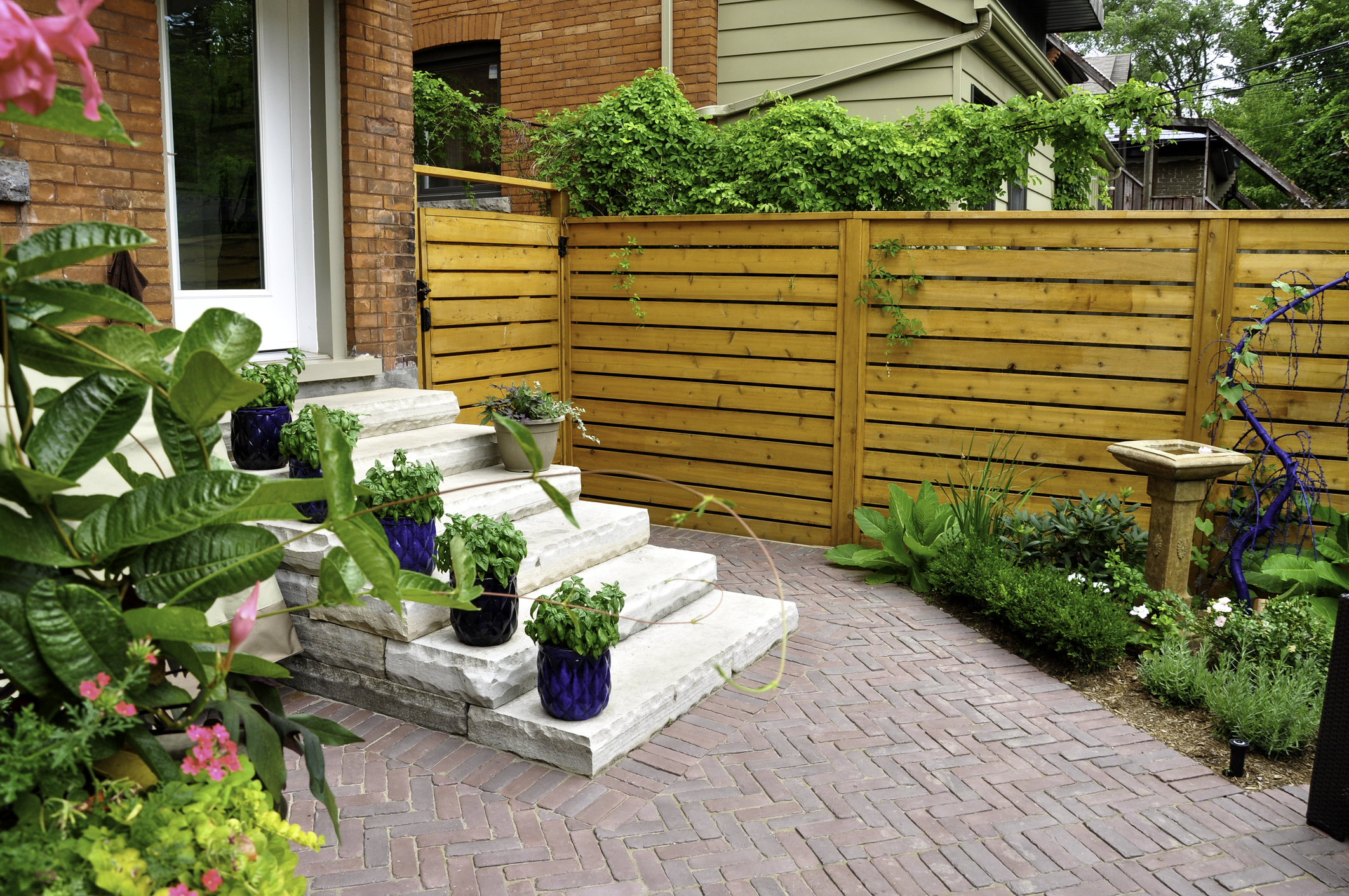 Backyard interlock patio with horizontal cedar privacy fence and potted herb garden on stone steps. outdoor living space ideas